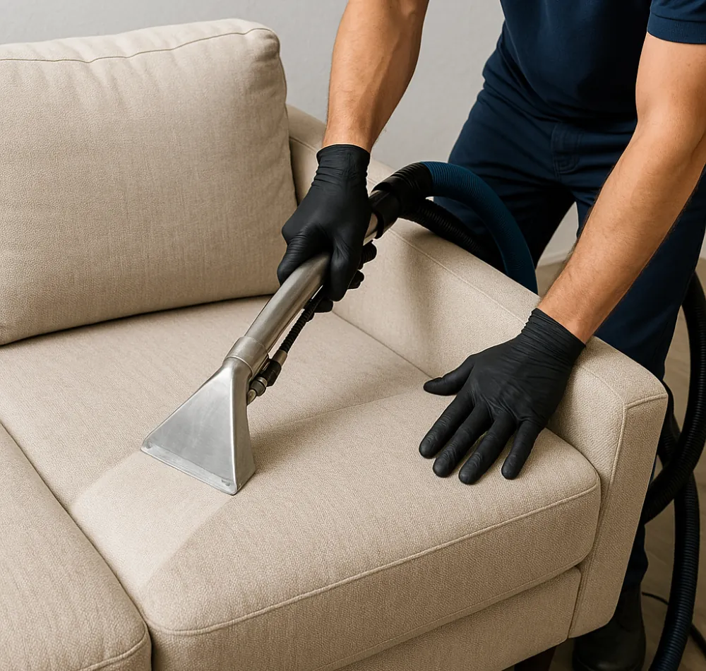 Technician deep cleaning a beige sofa seat