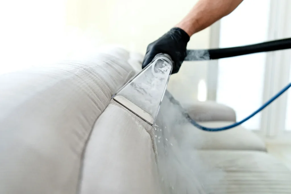 Upholstery cleaning - extraction tool lifting dirt from a sofa